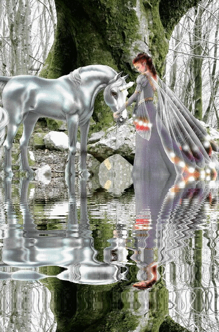 La princesse et sa licorne près du lac